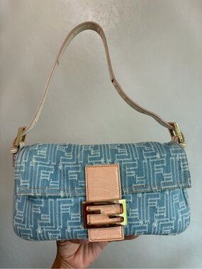 Fendi Blue Denim FF Zucca Shoulder Bag with Pink Trim